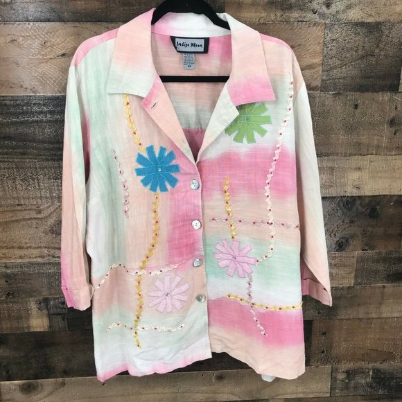 Indigo Moon Women's  plus size 2xPink And White 3/4 Sleeve Button Up Blouse - Picture 1 of 3